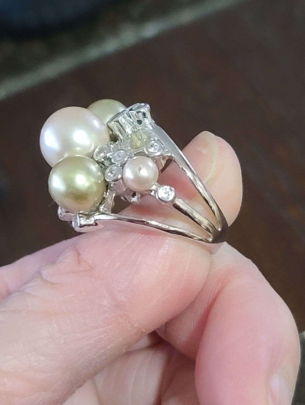Pearl and Cz Cluster Statement Ring, Pink Pearl, Gold Accents  Sterling Silver 6 - Picture 3 of 6